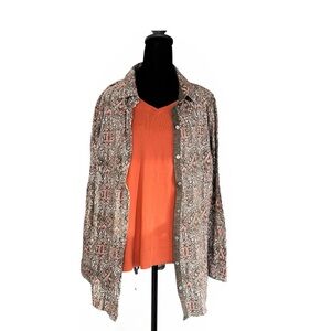 Lot of 2 J Jill Patterned Long Sleeve Button-Up Shirt Orange Pina V Neck Top L